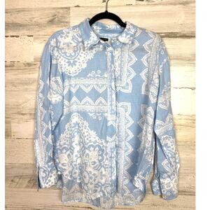 Ann Taylor Women’s Small Petite Blue Linen Boho Button-Up Lightweight Blouse Top